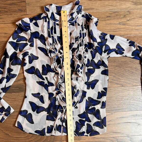 Butterfly Print Ruffle Blouse Romantic Sheer Long Sleeve Top - Picture 8 of 10